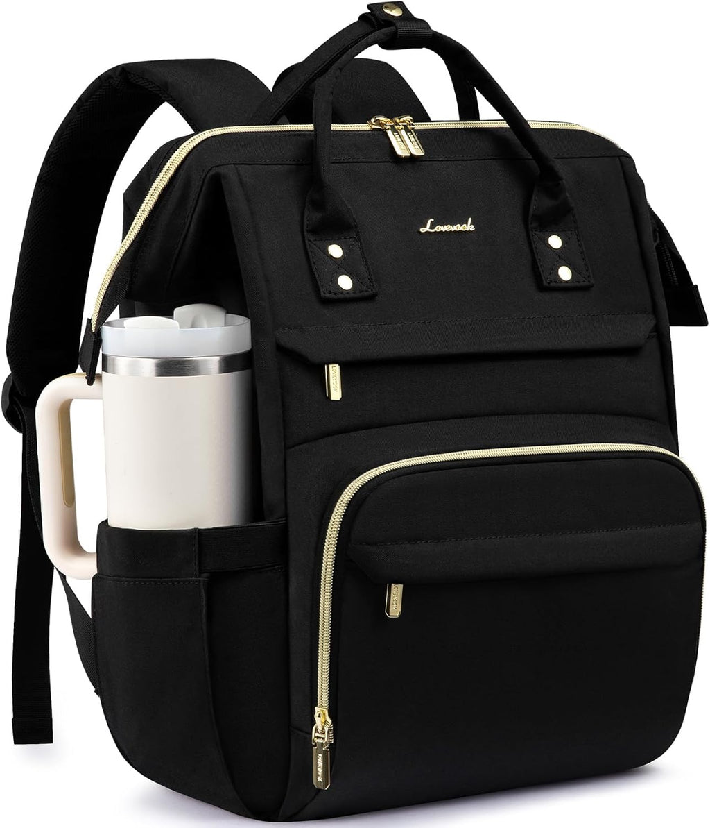 LOVEVOOK Laptop Backpack for Women with Giant Tumbler Holder Pocket,15.6 inch Waterproof Travel Backpack Purse Computer Laptop Bag,Professional Work College Nurse Teacher Backpack Casual Daypack,Black