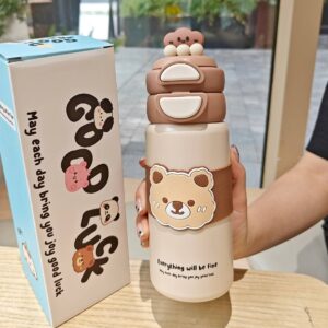 Seaygift Lovely Cartoon Doll Panda Bear Double Drink Straw Thermos Vacuum Tumbler Cups Metal Flask Water Bottle with Rope